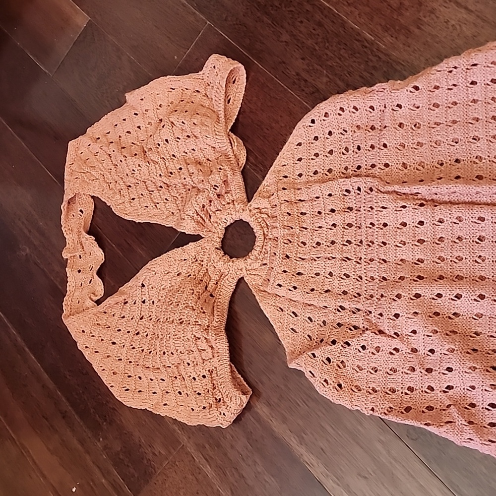 Crochet Center Ring Halter Coverup Dress, Sepia. Large - Picture 6 of 13